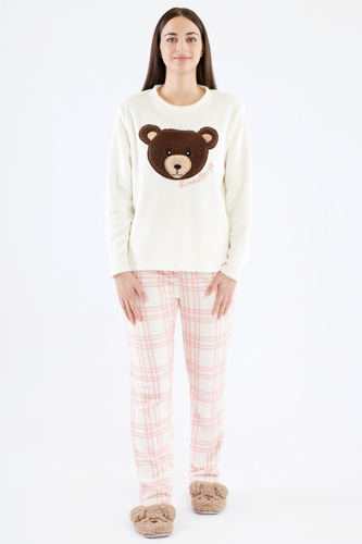 Pigiama donna Madlen Sorbetto ecrù - in pile, con ricamo orsetto e pantaloni a quadri