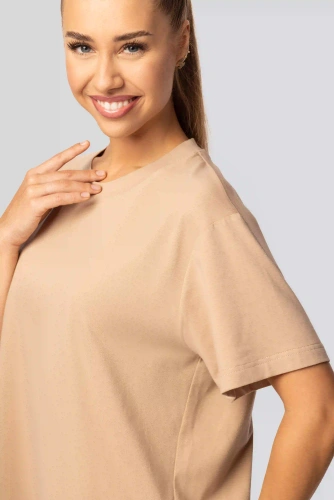 T-shirt in cotone urban beige da donna - Manica corta, taglio classico, alla moda con spacchetti | Materiale di alta qualità, elasticità