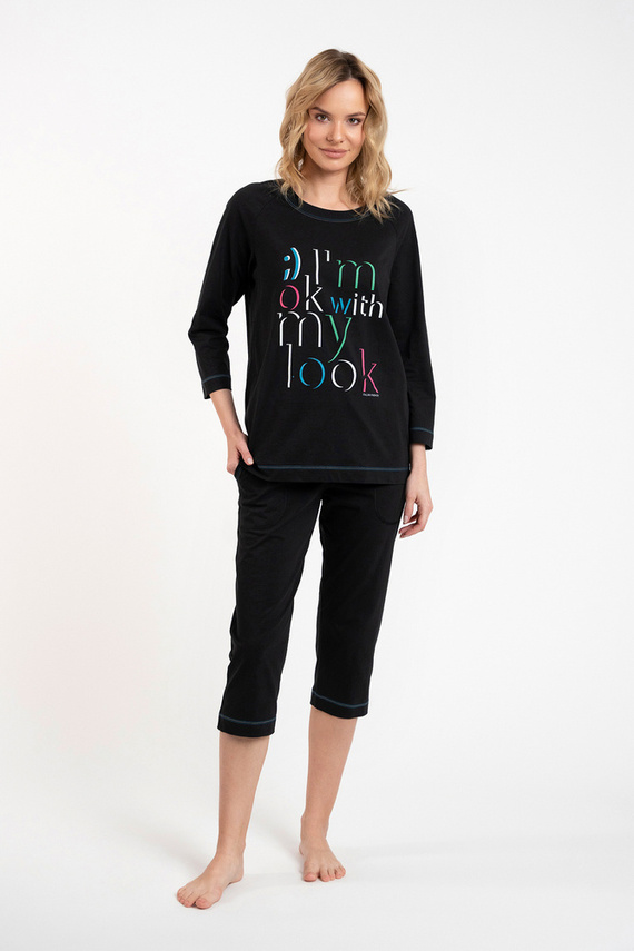 Olza Pigiama da donna manica 3/4, pantalone 3/4 Moda italiana - nero