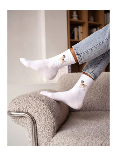 Calze da donna Milena 0200-272 in cotone con motivo cane ecru