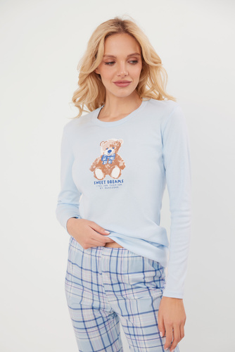 Katrin Pigiama da donna manica lunga, pantaloni lunghi Moda italiana - blu/stampa