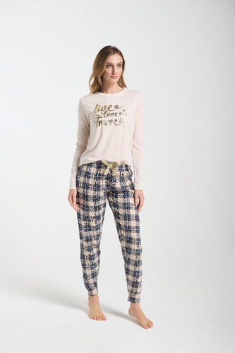 Bessy Pigiama donna Sorbetto beige - jersey, stampa oro, pantaloni a quadri