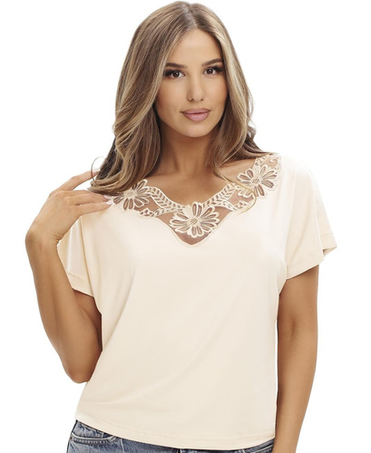 Blusa da donna Sawa crema Emili in viscosa con scollo a V ricamato Comfort
