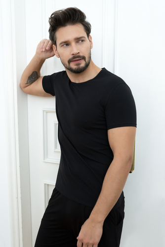 Ikar T-shirt da uomo, collo a lupetto Moda italiana - nero