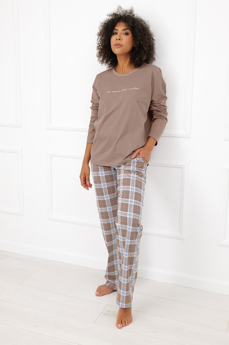 Pigiama donna Italian Fashion Delma 100% cotone pantaloni lunghi a quadri cappuccino