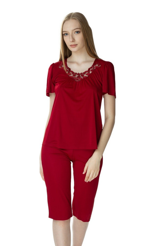 3639 Matylda Pigiama donna Mewa in seta bordeaux-viscosa, prodotto polacco, lunghezza 3/4