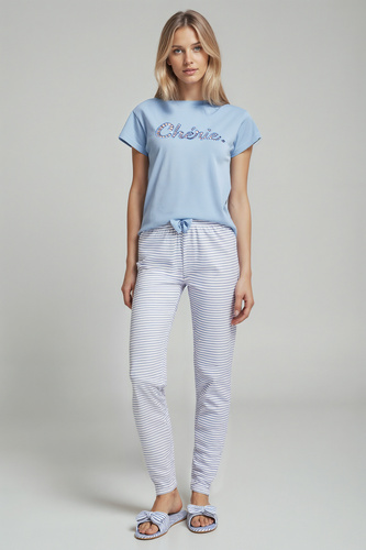 Juliana Sorbetto blu - pigiama donna 100% cotone, con ricamo e pantaloni lunghi a righe