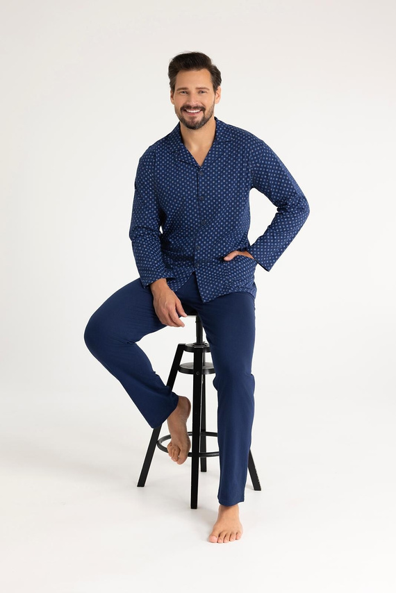 Pigiama da uomo in cotone Regina 486 blu navy - manica lunga, abbottonato, taglio classico
