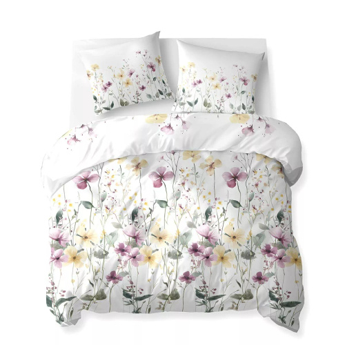5773 A Cotton Bloom Detexpol biancheria da letto bianca con fiori di campo gialli e viola - 100% cotone, reversibile, produzione polacca