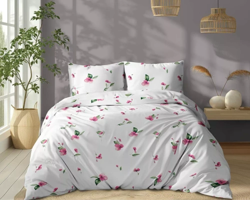 5769 A Detexpol Biancheria da letto in cotone Bloom bianca con fiori rosa e foglie verdi - 100% cotone, double face, lucido