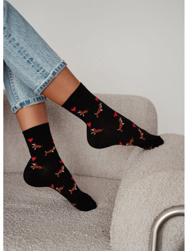 0200-201 Calze da donna Milena Bassotti San Valentino in cotone nero, cuori, taglia 37-41