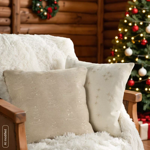 CHP308 Federa natalizia Eurofirany 45x45 con paillettes 3D stelle beige