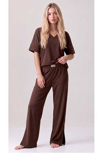 Luna 1314 pigiama donna oversize marrone 100% cotone pantaloni larghi