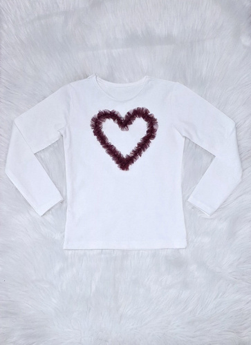 Mia Bambarillo camicetta da bambina in cotone ecrù bordeaux con cuore in tulle