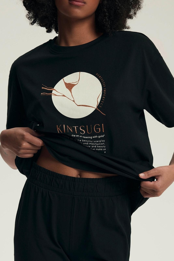 Pigiama da donna 43728 Dairoku nero - cotone, manica corta, pantalone da pescatore