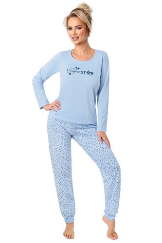 Pigiama da donna Donna Star Long blu - cotone, manica lunga, confezionato in busta di plastica