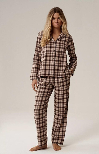 NLP-505 Pigiama da donna Atlantic marrone - flanella, con zip, a quadri, cotone
