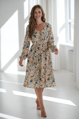 Lovely Dress Midi Milk&Love, abito premaman e da allattamento beige a fiori in lino, taglio elegante con cerniere da allattamento
