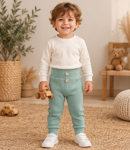 Leggings da bambino LC004 in cotone a coste salvia con bottoncini