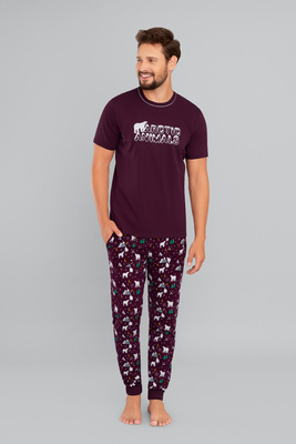 Manfred Pigiama uomo manica corta, pantalone lungo Moda Italiana- bordeaux/stampa bordeaux