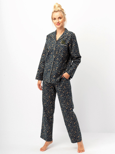 Pigiama da donna Key LNS 706 blu navy - flanella di cotone, manica lunga, bottoni