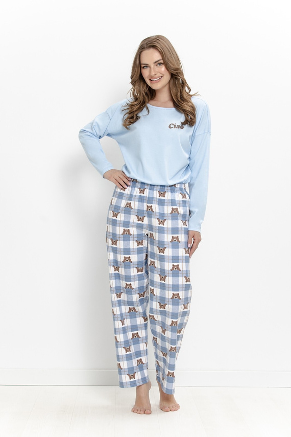 Pigiama donna Taro Freja 3631 blu 100% cotone manica lunga orsetto