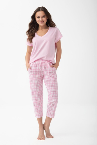 Piżama damska 1300 Luna in cotone con manica corta e pantaloni 7/8 rosa