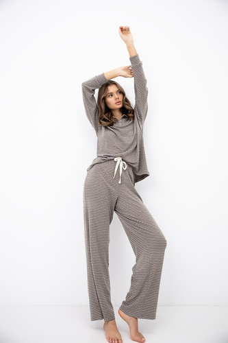 Sensis Amaya Mocca pigiama donna lungo in lyocell viscosa a righe