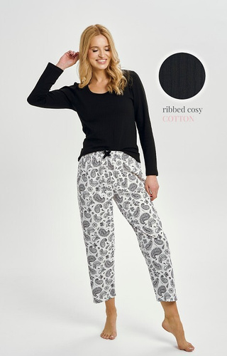 3454 Pigiama da donna Taro in cotone nero - manica lunga, pantaloni a fantasia