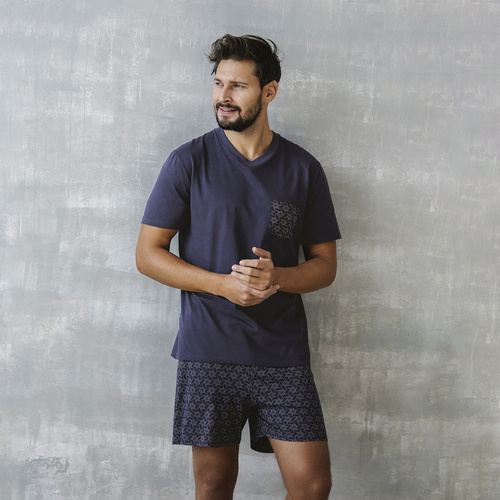 Diaz Pigiama da uomo a maniche corte, pantaloncini Moda italiana - blu navy/stampa
