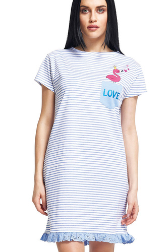 Oxksana Camicia da notte blu - 100% cotone, righe e volant