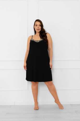 Camicia da notte Kongo Italian Fashion - nera, senza spalline, stampa leopardo