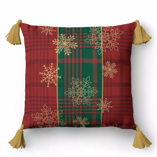 5382 Federa decorativa natalizia Christmas Deco Detexpol a quadri rossi e verdi con fiocchi di neve dorati - zip