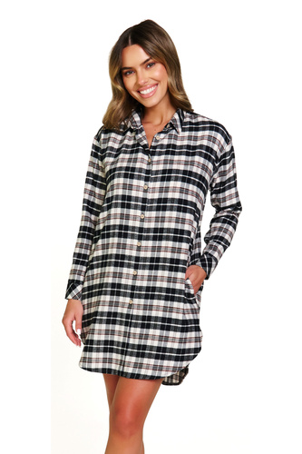 7336 Camicia da notte Doctor Nap - cotone, flanella, lunga, a quadri, sbottonata