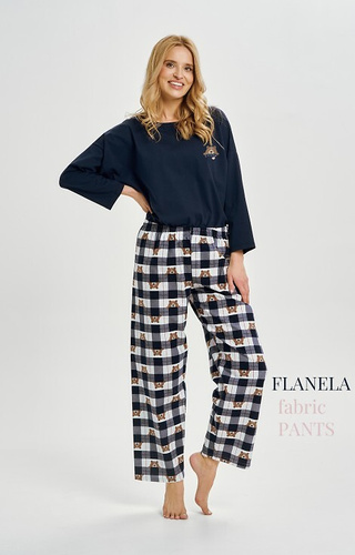 3441 Pigiama donna Astrid in cotone Taro blu navy - manica lunga, pantaloni in flanella a quadri