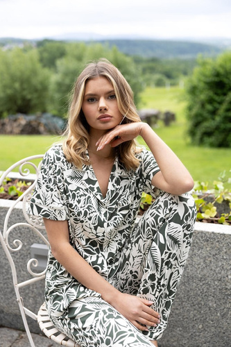 Pigiama donna Louise Sensis khaki-ecru in viscosa, camicia e pantaloni