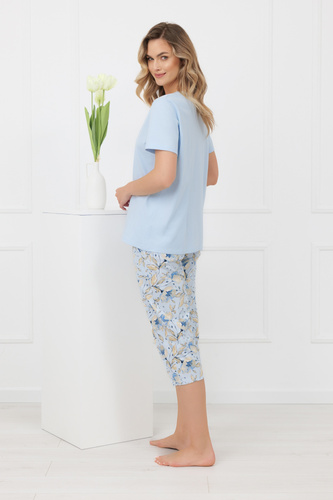 Pigiama da donna Celozja, 100% cotone, maniche corte, pantaloni 3/4, fantasia floreale, fiocco