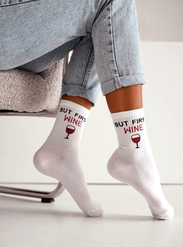 Calze donna cotone Milena 0200-240 But First Wine– a coste comode quotidiane white