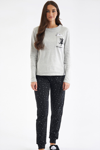 Shearly Pigiama donna grigio Sorbetto - 100% cotone, applicazioni 3D, pantaloni con coulisse