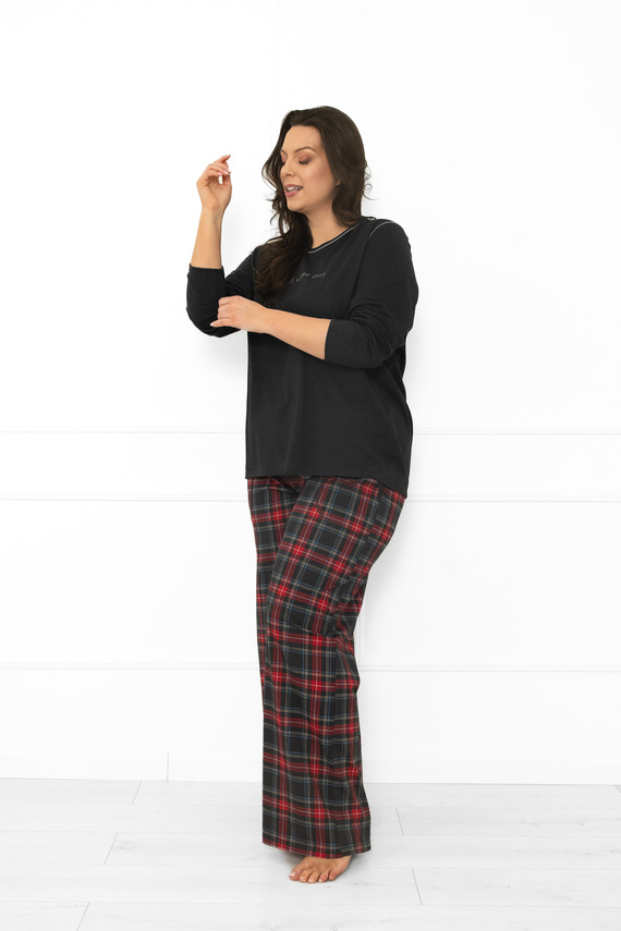 Pigiama donna Italian Fashion in cotone melange scuro, manica lunga e pantalone, a quadri