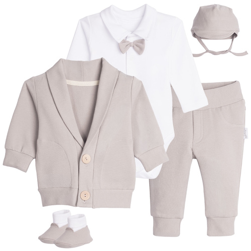 169408 Completo per battesimo bambino 5 pezzi body, felpa, pantaloni in cotone