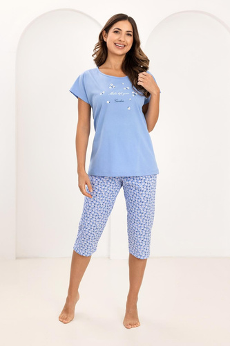 Pigiama da donna 735 Regina blu - cotone, manica corta, pantalone 3/4, stampa decorativa
