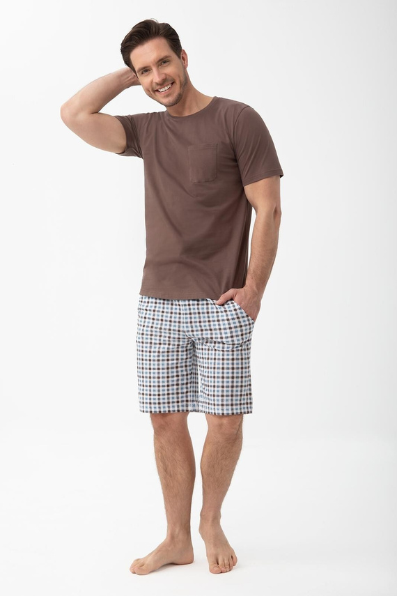 Pigiama uomo 1601 Luna marrone in cotone con pantaloncini corti a quadri