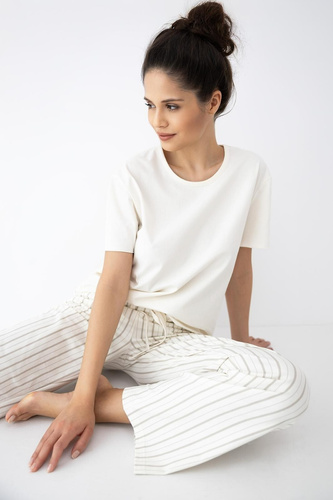 Pigiama donna Soleil Sensis ecru-beige, cotone, manica corta, pantaloni lunghi