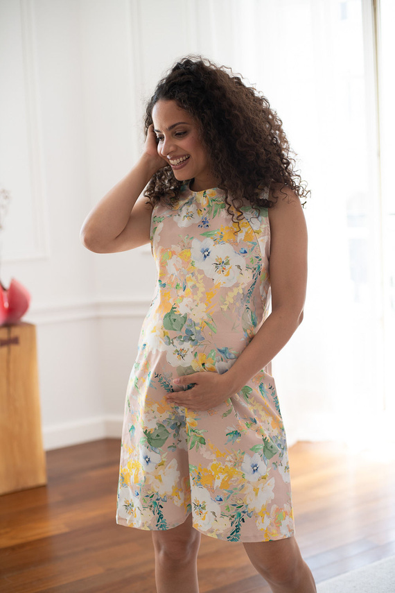 Mama MiA! Milk & Love Abito Premaman e per Allattamento in Cotone beige con fiori