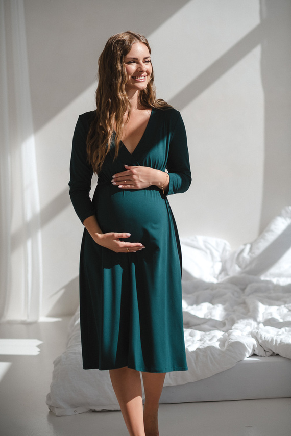 Star Light Camicia da notte in bambù per gravidanza e allattamento 7/8 Milk&Love verde bottiglia - traspirante, per l'ospedale, confortevole per l'allattamento al seno