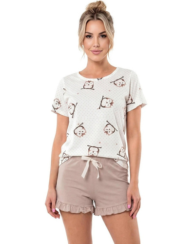 Pigiama donna Sova Donna ecru-beige 100% cotone con stampa gufi e pantaloncini
