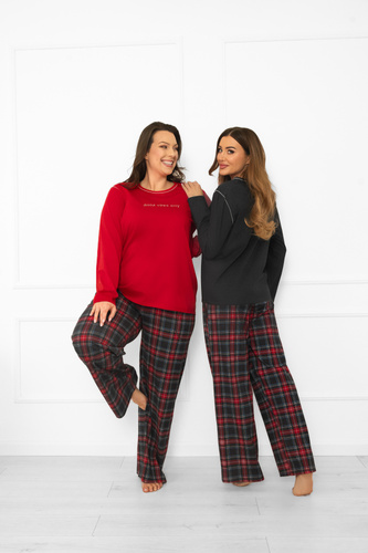 Pigiama donna Italian Fashion in cotone melange scuro, manica lunga e pantalone, a quadri