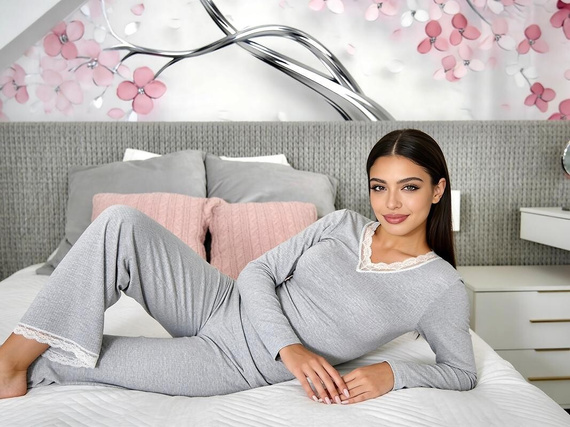 Donna Megi Long Pigiama Donna Grigia Manica Lunga e Pantaloni Pizzo