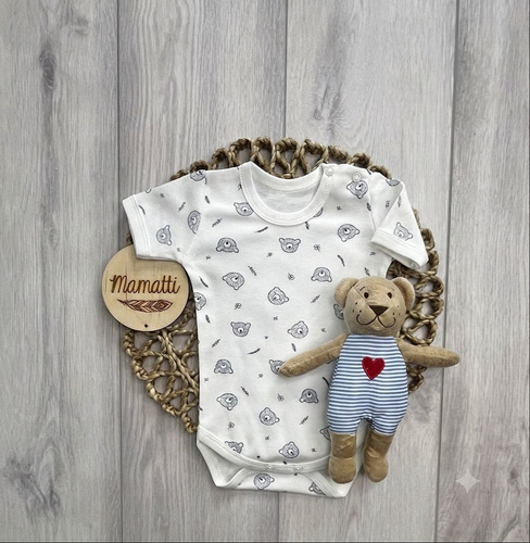Body neonato Manatti in cotone con orsetti, manica corta, bianco